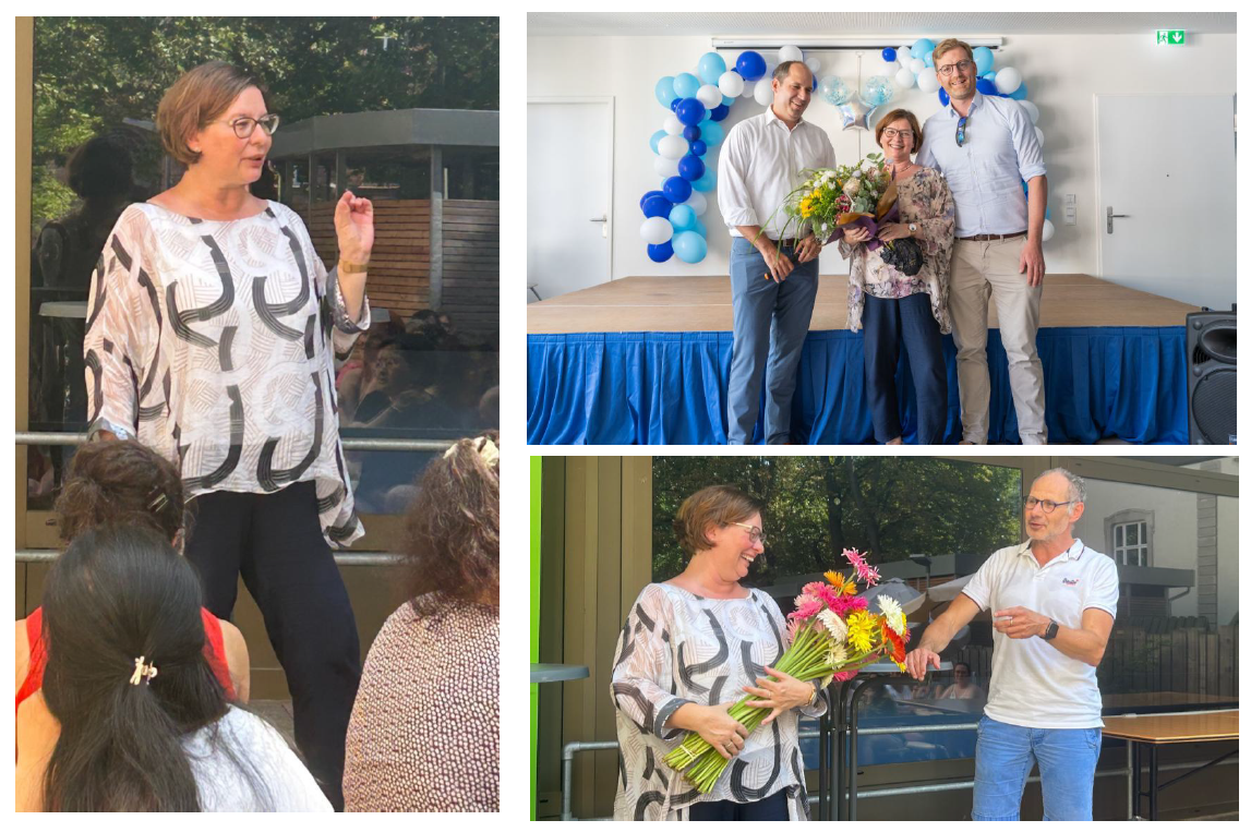 A collage of images showing Sonja Hauck being presented with flowers, receiving hugs, and speaking at a celebration. The images include close-ups of bouquets, and a stage decorated with blue and white balloons.