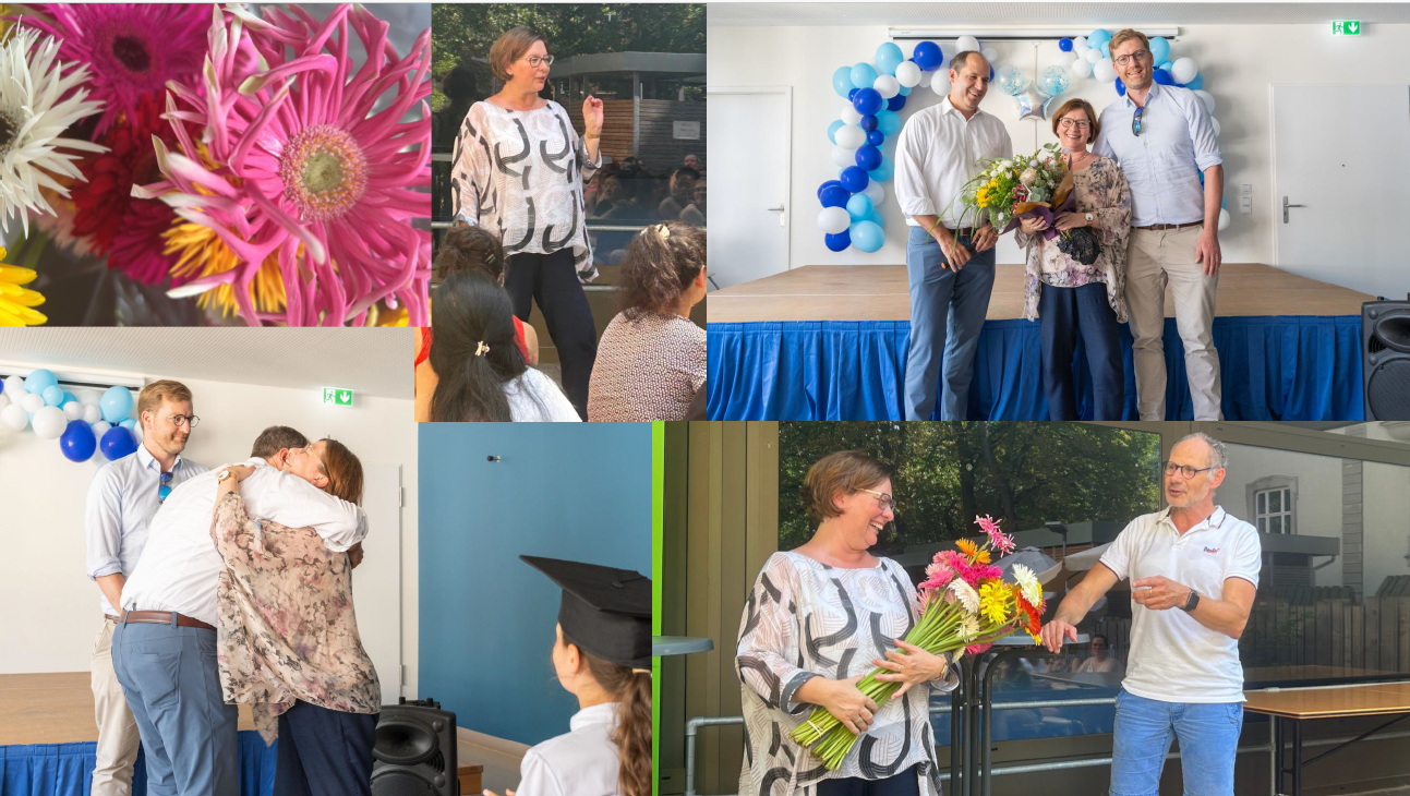 A collage of images showing Sonja Hauck being presented with flowers, receiving hugs, and speaking at a celebration. The images include close-ups of bouquets, and a stage decorated with blue and white balloons.
