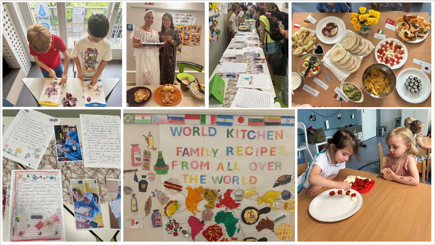 A collage of images showcasing a "World Kitchen" project: children chopping vegetables, women holding food, a long table with various dishes, a bulletin board with "World Kitchen" title and world map, children arranging food.