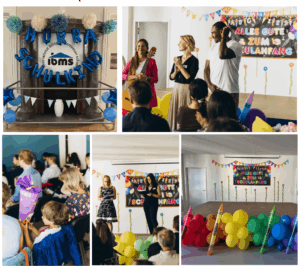 Collage of images from an International Bilingual Montessori School event, featuring a welcome banner, decorations, and people involved in various activities, including a musical performance, presentations, and children attending a welcome event.