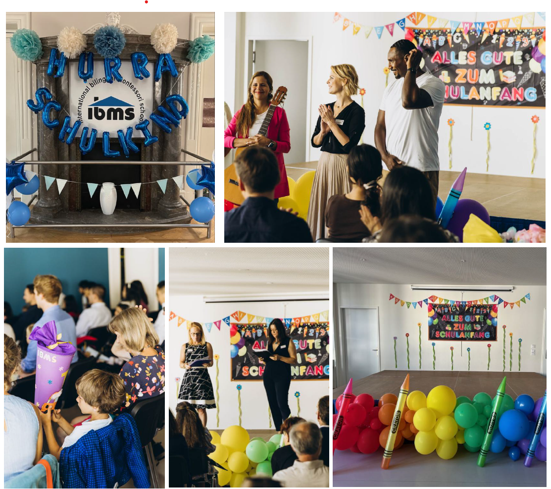 Collage of images from an International Bilingual Montessori School event, featuring a welcome banner, decorations, and people involved in various activities, including a musical performance, presentations, and children attending a welcome event. 