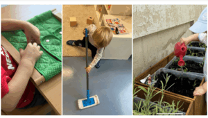 A triptych showing three activities: A child in a red shirt working with a green quilted activity board with snaps; a child cleaning a blue-floored area with a mop; a child wearing a blue cap watering plants with a red watering can in a raised garden bed.